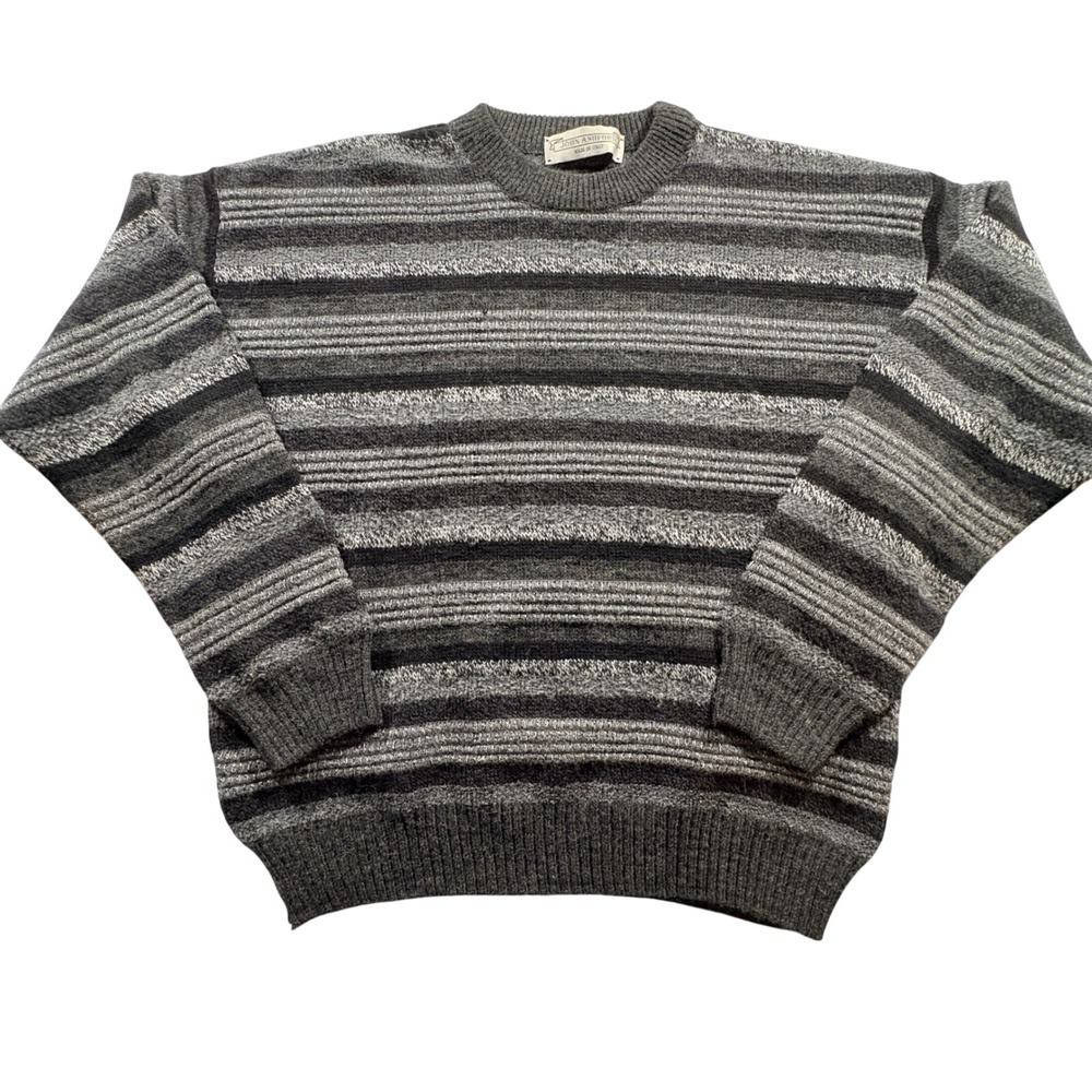 John Ashford Striped Sweater Mens Large Grey Wool Blend Knit Made‎ in Italy